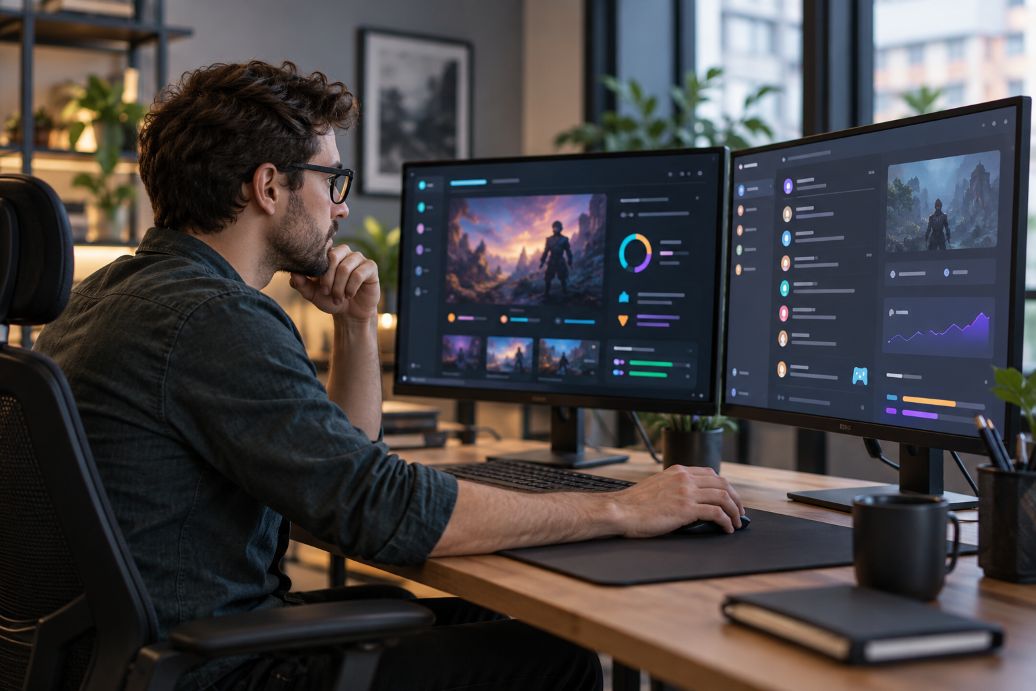 web designer examining a gaming service dashboard